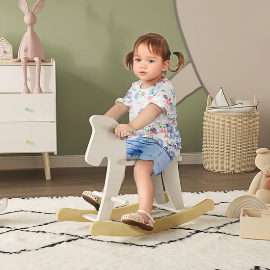 Wooden Rocking Horse Toddler Baby Ride-on Toys For Kids 1-3 Years With Classic Design & Solid Workmanship, White